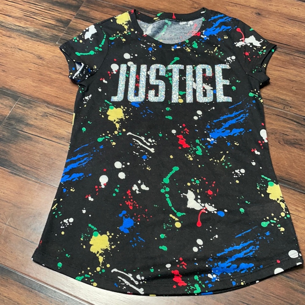 Justice T-shirt black with paint splattered design size 7